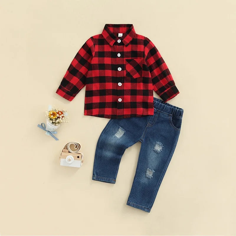 Red Plaid Buttondown with Jeans