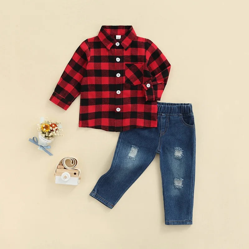 Red Plaid Buttondown with Jeans