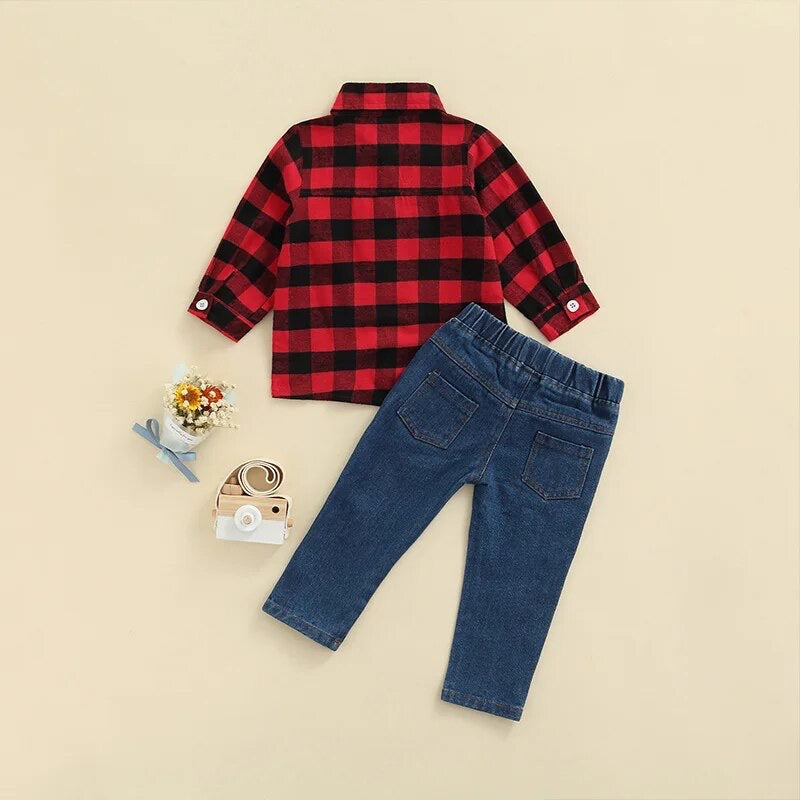 Red Plaid Buttondown with Jeans